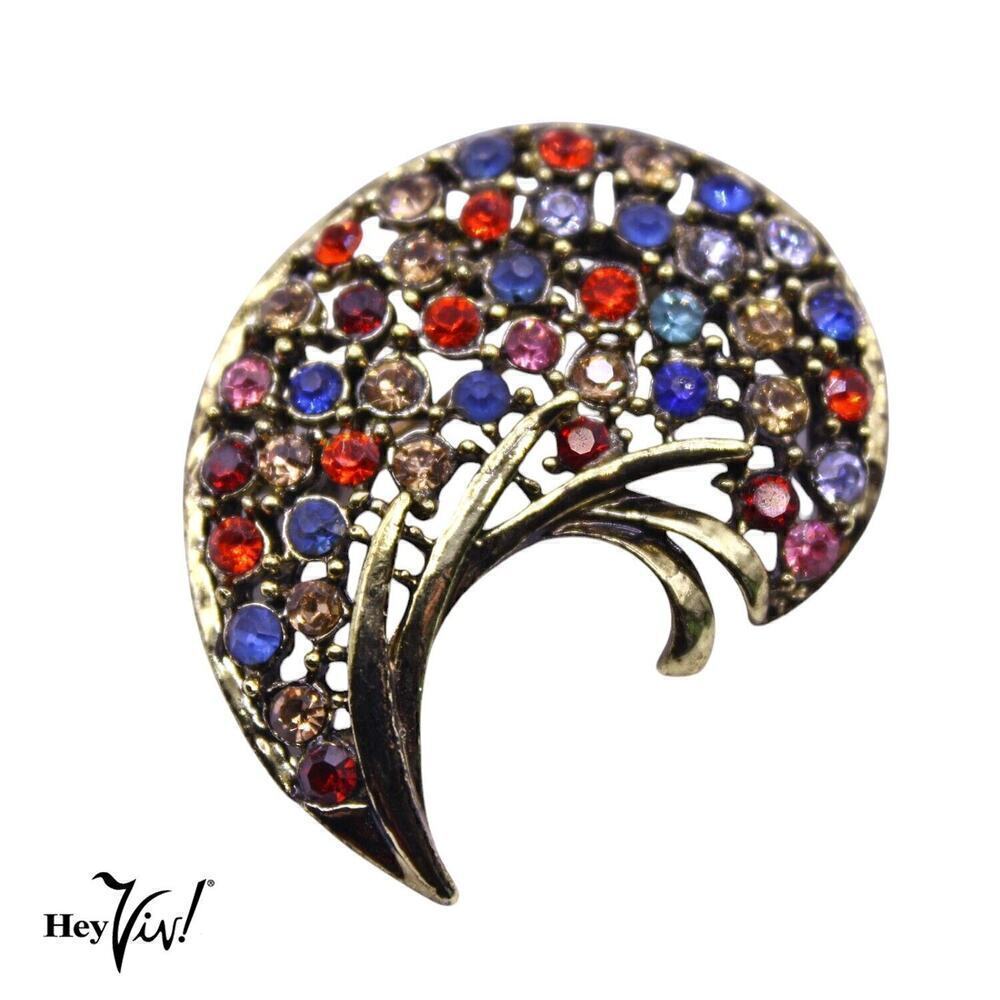 Vintage Curved Pin Brooch w Colorful Rainbow Rhinestones 2" Across - Hey Viv
